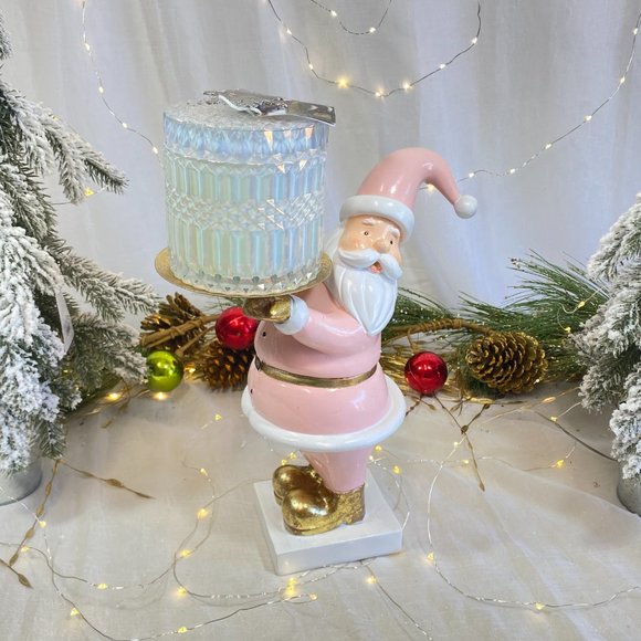 Christmas Holiday Pink Gold Santa Holding Serving Tray Display Stand NEW - Picture 6 of 16